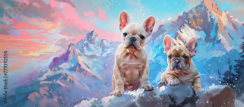 bright beautiful cute French Bulldog puppies against a background of mountains painted with oil paints