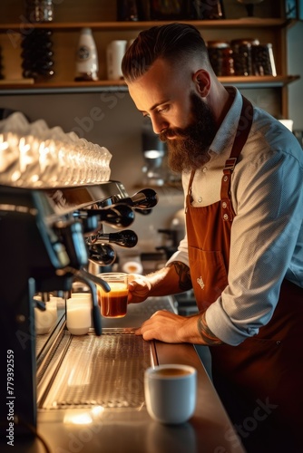 Skilled barista in action creating a perfect cup of coffee. A wellgroomed man is brewing a cup of coffee with a Gas Kitchen appliance in a cafe photo