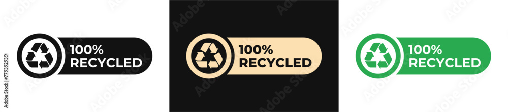 Premium 100 Recycled label vector design. Made from recycled materials icon gold illustration, logo, symbol, sign, stamp, tag, emblem, mark or seal for package. Reused plastic and paper sticker.