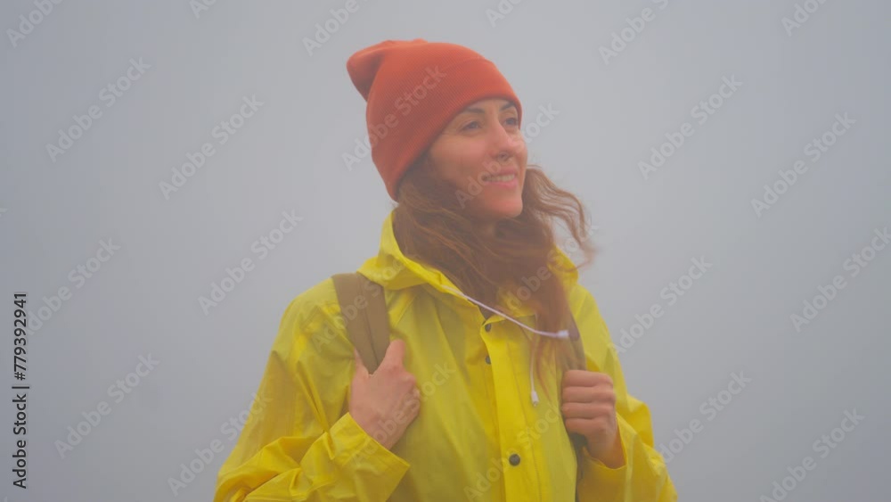 Portrait of woman travel in fog nature, peace and calm. Relax, freedom and face of girl with cold air, hiking and travel holiday in woods, river Portrait of woman travel in fog nature, peace and calm. Relax, freedom and face of girl with cold air, hiking and travel holiday in woods, river