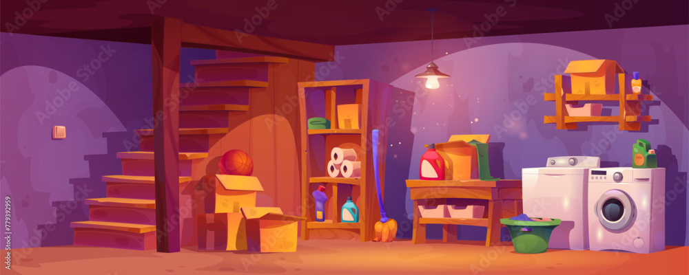 Obraz premium Basement room interior with laundry equipment. Cartoon vector house cellar inside with wooden stairs, washing and dryer machine, wood rack with storage boxes and detergent bottles, clothes in basket.