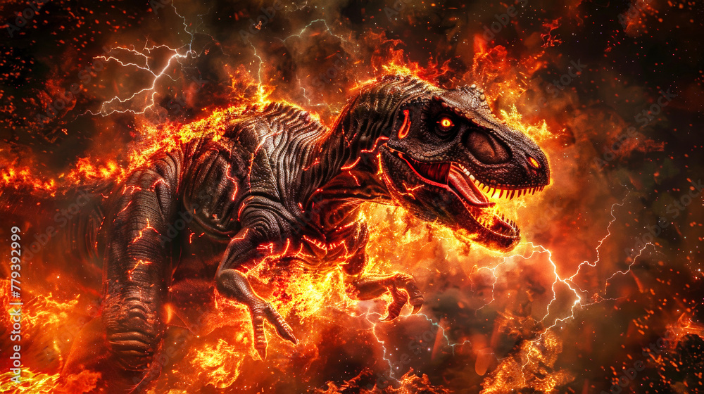 A dinosaur stands amidst flames, a scene depicting destruction in nature