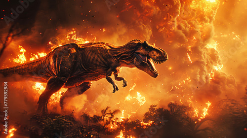 A large prehistoric dinosaur standing in front of a blazing fire, showcasing its immense size and primitive power © Anoo