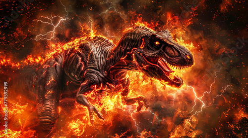 A dinosaur stands amidst flames, a scene depicting destruction in nature © Anoo