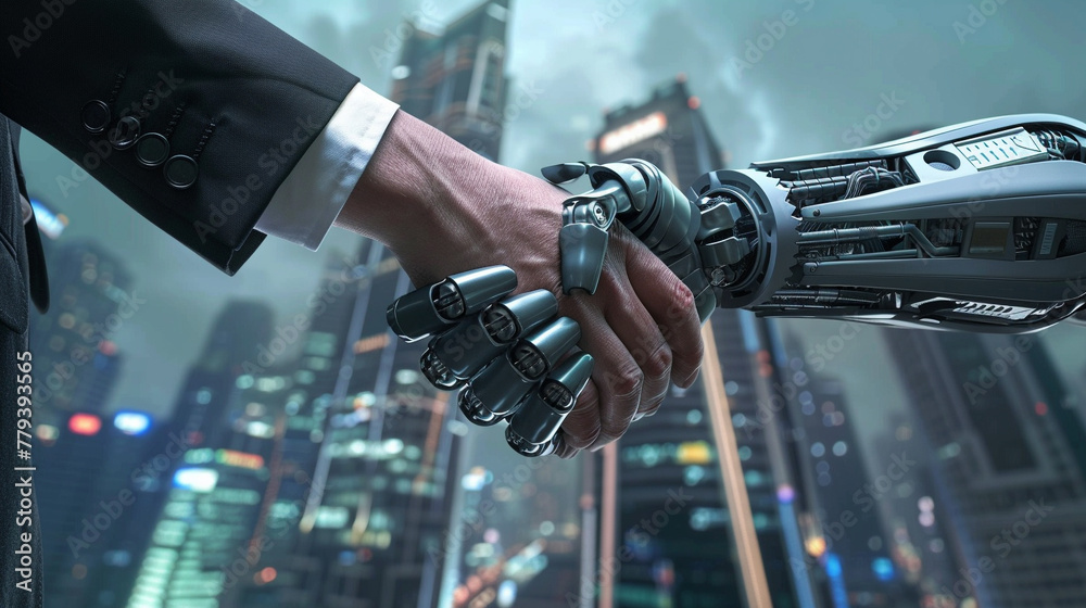 A businessman exchanging a firm handshake with an android robot against a futuristic cityscape backdrop,