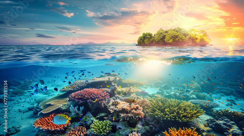 A vibrant painting capturing the beauty of a sunset over a tropical coral reef, displaying colorful fish and intricate coral formations