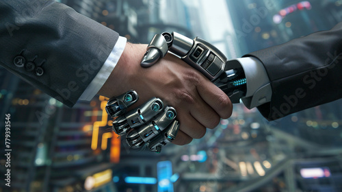 A businessman exchanging a firm handshake with an android robot against a futuristic cityscape backdrop, © Bordinthorn