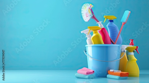 Bucket filled with cleaning supplies on table