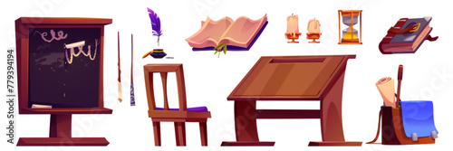 Magic school room interior furniture and equipment for wizard and witch study. Cartoon vector medieval classroom objects - desk and chair, chalkboard and books, ink with feather, wands and briefcase. © klyaksun