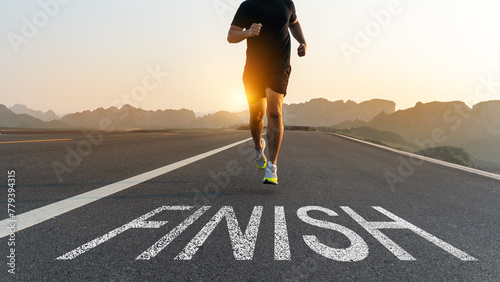 Runners running towards the finish line. Success concept. photo