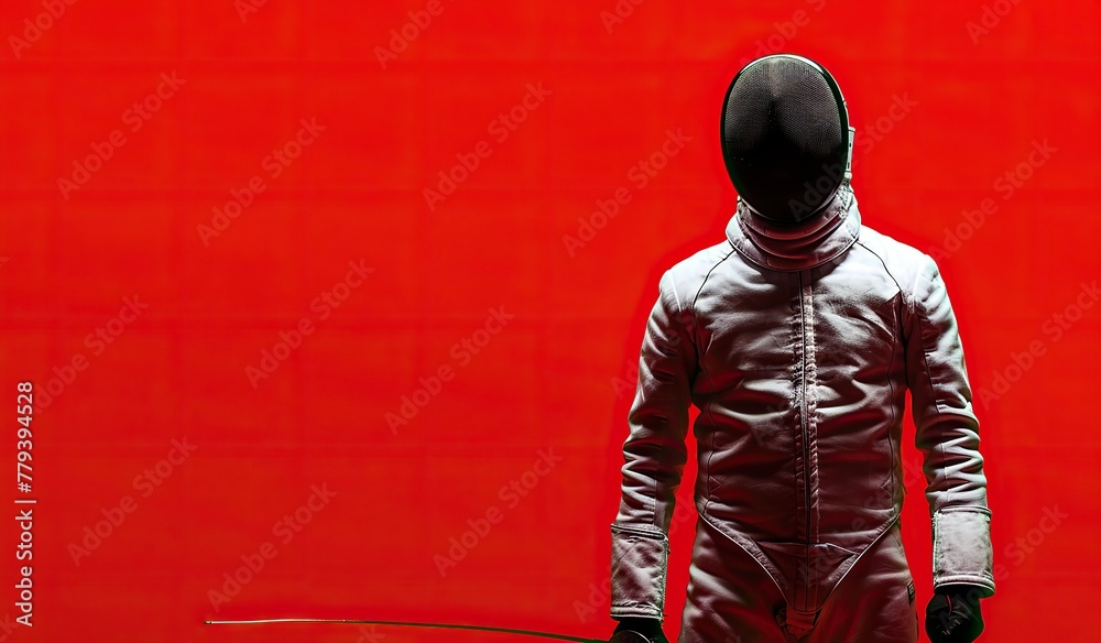 Fencer in protective mask and white suit against a red background. The concept of sport and competition. Fencer in protective mask and white suit against a red background. The concept of sport and competition.