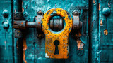 Vintage yellow lock on a weathered blue door with ornate metal studs, showcasing aged texture and contrast in colors.