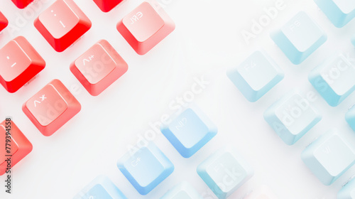 A close-up of a keyboard with red and blue translucent keycaps arranged in a gradient pattern on a white background.
