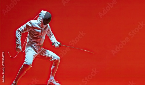 Fencer in a dynamic pose on a red background, preparing to attack. The concept of adrenaline and mastery.
