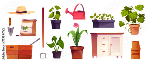 Greenhouse garden interior furniture and equipment. Cartoon vector illustration set of home and farm plants, cultivated seedlings in plastic pots, chest and wooden box, sack with grains and water can.