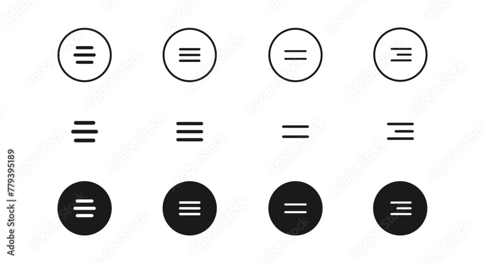 Hamburger menu buttons vector icon set. Web or mobile app navigation interface simple line signs. Website or application creative UI design elements isolated. Circle outline burger menu.