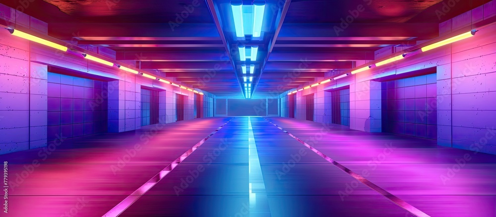 It resembles a neonlit tunnel with purple, violet, magenta, and electric blue lights on the ceiling. The symmetry creates an entertaining and electric atmosphere in the gasfilled darkness It resembles a neonlit tunnel with purple, violet, magenta, and electric blue lights on the ceiling. The symmetry creates an entertaining and electric atmosphere in the gasfilled darkness