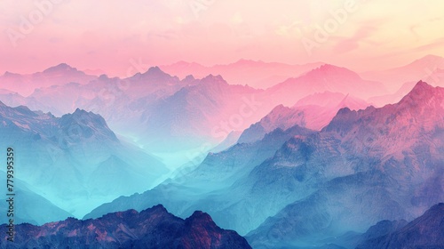Mountain range at dawn depicted in soothing pastels with vibrant touches 3D embossed dots accentuating the light play