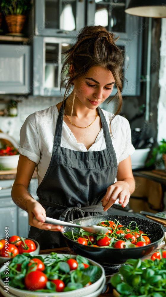 A woman in an apron smiling while preparing a salad with fresh vegetables in a bright kitchen setting. A woman in an apron smiling while preparing a salad with fresh vegetables in a bright kitchen setting.