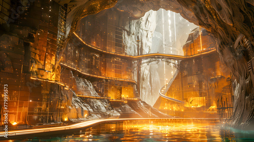 Enthralling view of a majestic underground city and cascading waterfalls reflecting humanity's resilience and adaptability