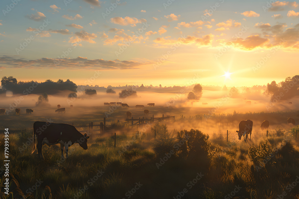 The image captures a serene morning on a farm with cows grazing amidst fog at sunrise The image captures a serene morning on a farm with cows grazing amidst fog at sunrise