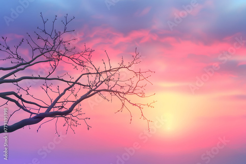 A solitary bare tree stands against the stunning backdrop of a dramatically colored sunset sky