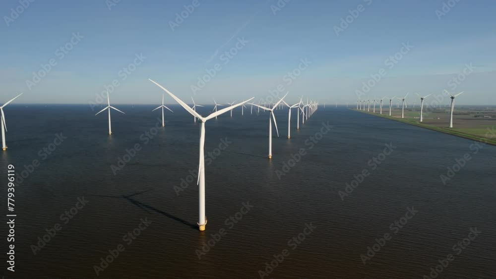 Windmill park in the ocean, drone aerial view of windmill turbines generating green energy in the Netherlands on a sunny day in Spring. blue ocean and a blue sky Windmill park in the ocean, drone aerial view of windmill turbines generating green energy in the Netherlands on a sunny day in Spring. blue ocean and a blue sky