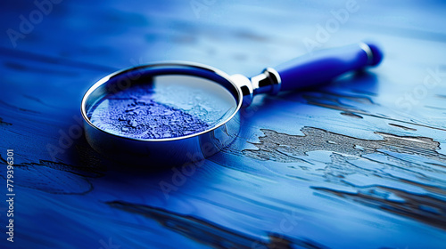 A magnifying glass resting on a blue textured surface with a reflective and somewhat distressed or cracked paint finish. photo