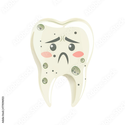 Sad cartoon tooth with green algae photo