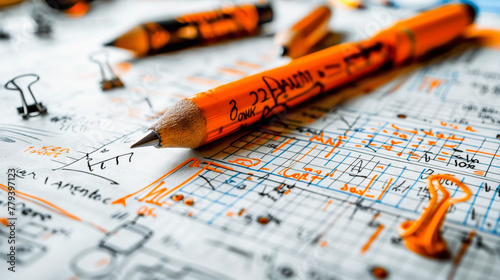 An engineering draft with schematics, a mechanical pencil, and a yellow drafting pen, indicating design, planning, or architectural work. photo