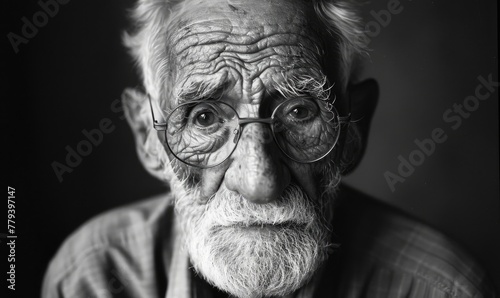 Black and white portrait of an old charismatic man with wrinkles