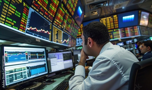 Successful trader looking to the big screens and analyzing numbers, data and graphs at stock exchange. photo