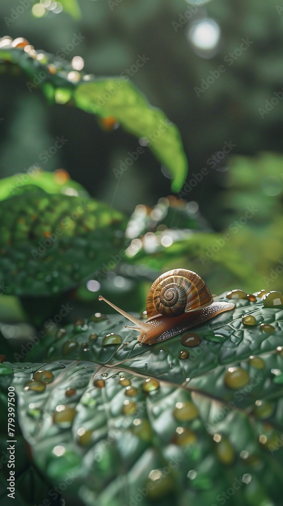Snail on a clear dew covered leaf showcasing the beauty of minimalism ...