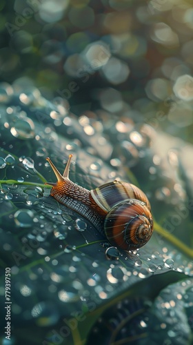 Snail on a clear dew covered leaf showcasing the beauty of minimalism in a damp forest