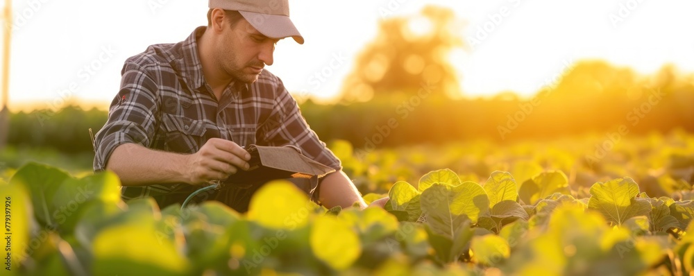Farmer inspects his plants, agronomist in a field checks quality of harvest