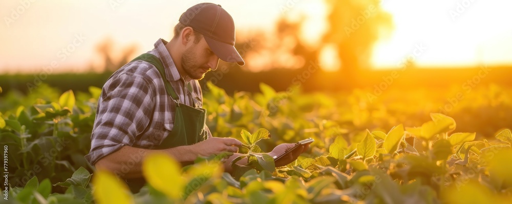 Farmer inspects his plants, agronomist in a field checks quality of harvest