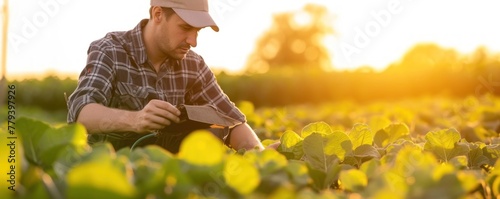 Obraz na płótnie Farmer inspects his plants, agronomist in a field checks quality of harvest w salonie