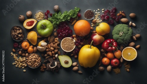 A vibrant array of superfoods, from colorful fruits to wholesome nuts and seeds, arranged on a sleek dark grey backdrop.