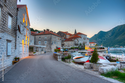 Sunrise view of Perast town in Montenegro situated at Boka Kotorska bay photo