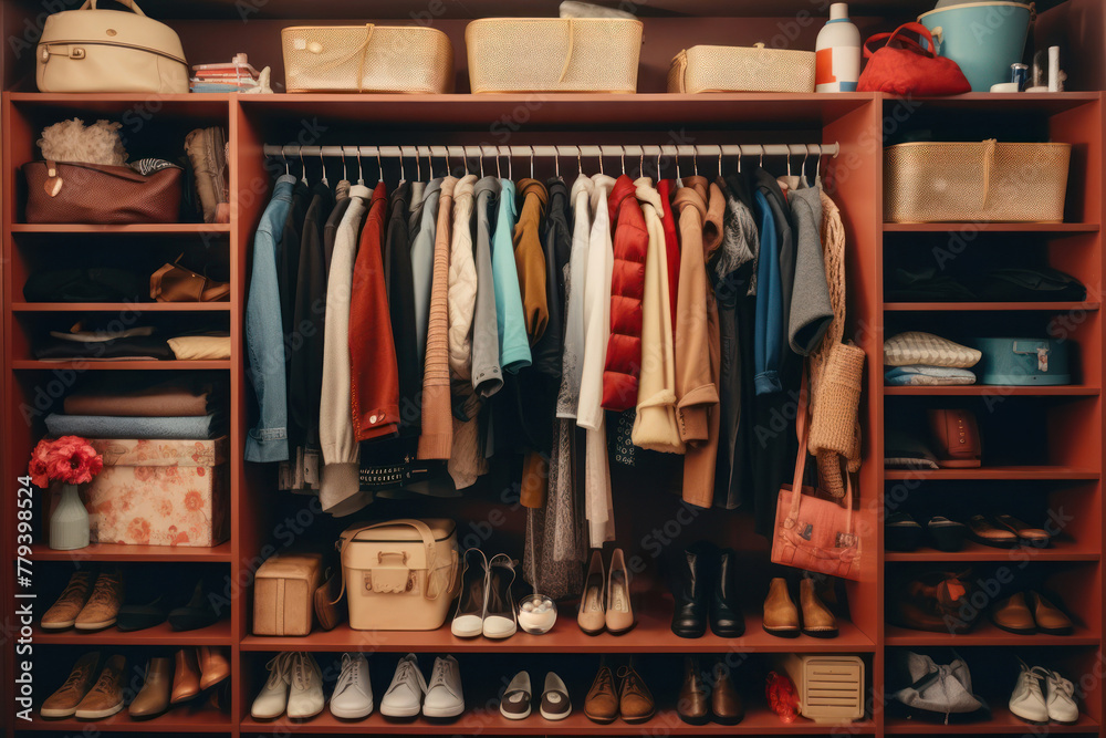 Large wardrobe with different clothes, home stuff and shoes