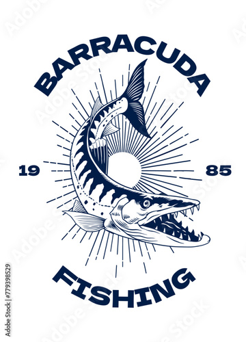 Vintage Shirt Design of Barracuda Fishing in Black and White © bazzier