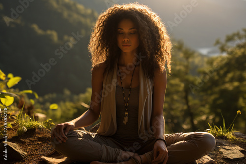 Relaxed African-American woman in meditaion process in a mountainous landscape. Adventure, love, and nature, enjoying a peaceful moment in the wilderness concept photo