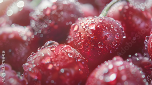 Close-up of dark juicy cherries with water drops, natural light on soft pastel background, emphasizing freshness. 