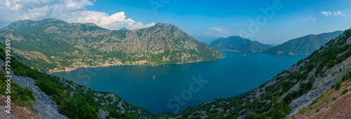 Aerial view of Boka Kotorska bay towards Perast in Montenegro