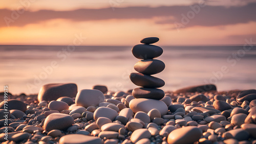 Pyramid of the small pebbles on the beach. Stones  against the background of the sea shore during sunset  