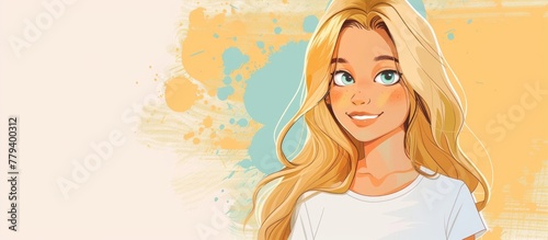 a cartoon drawing of a girl with long blonde hair wearing a white shirt . High quality