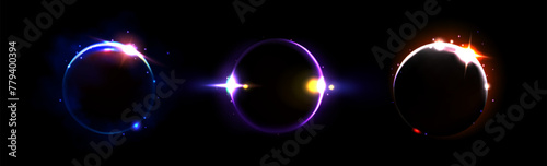 Solar eclipse and moon light neon ring vector. Fire glow in halo. Galaxy effect on fantasy sphere in purple and orange. Realistic frame overlay. Total black background and magic edge sparks energy