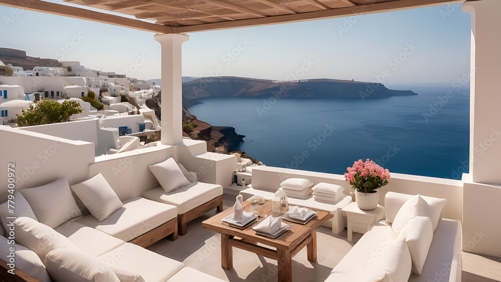 White architecture in Santorini island Greece Beautiful terrace with sea view,
