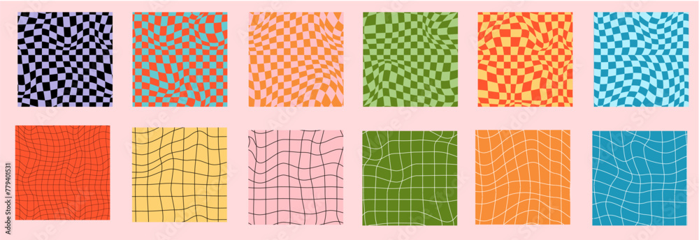Psychedelic checkerboard background set. Wavy vector illustrations, trendy psychedelic style and groovy color checkerboard. Psychedelic checkerboard background set. Wavy vector illustrations, trendy psychedelic style and groovy color checkerboard.