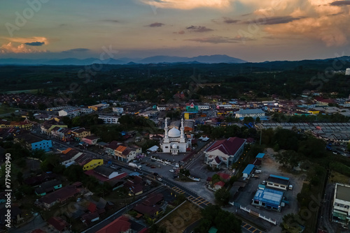 aerial view of beautiful architecture mosque middle of town located at malacca, malaysia